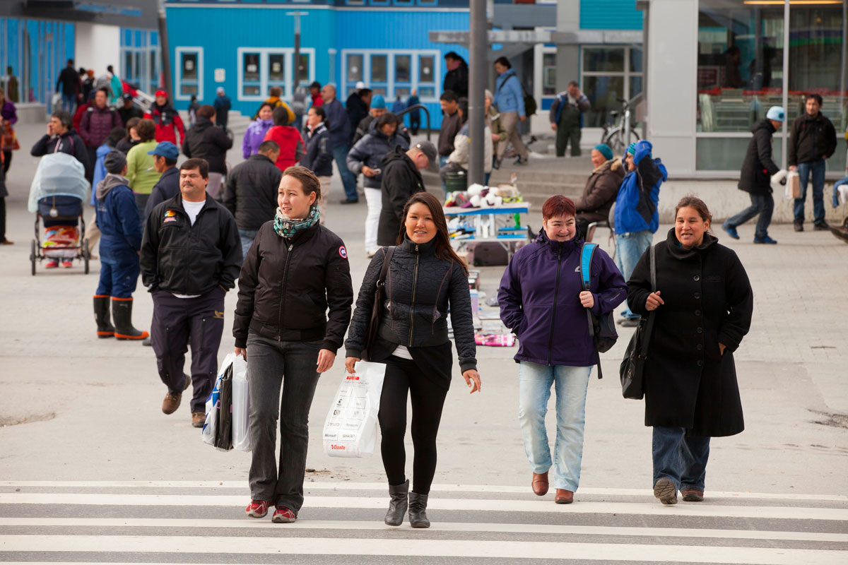 Pedestrians in downtown Nuuk, the capital of Greenland. John Sylvester / Alamy Stock Photo